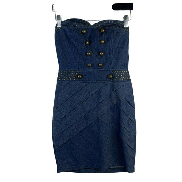 Arden B Dresses & Skirts - Arden B Sz XS Y2K Chambray Studded Stud Strapless Military Style Mini Dress T210